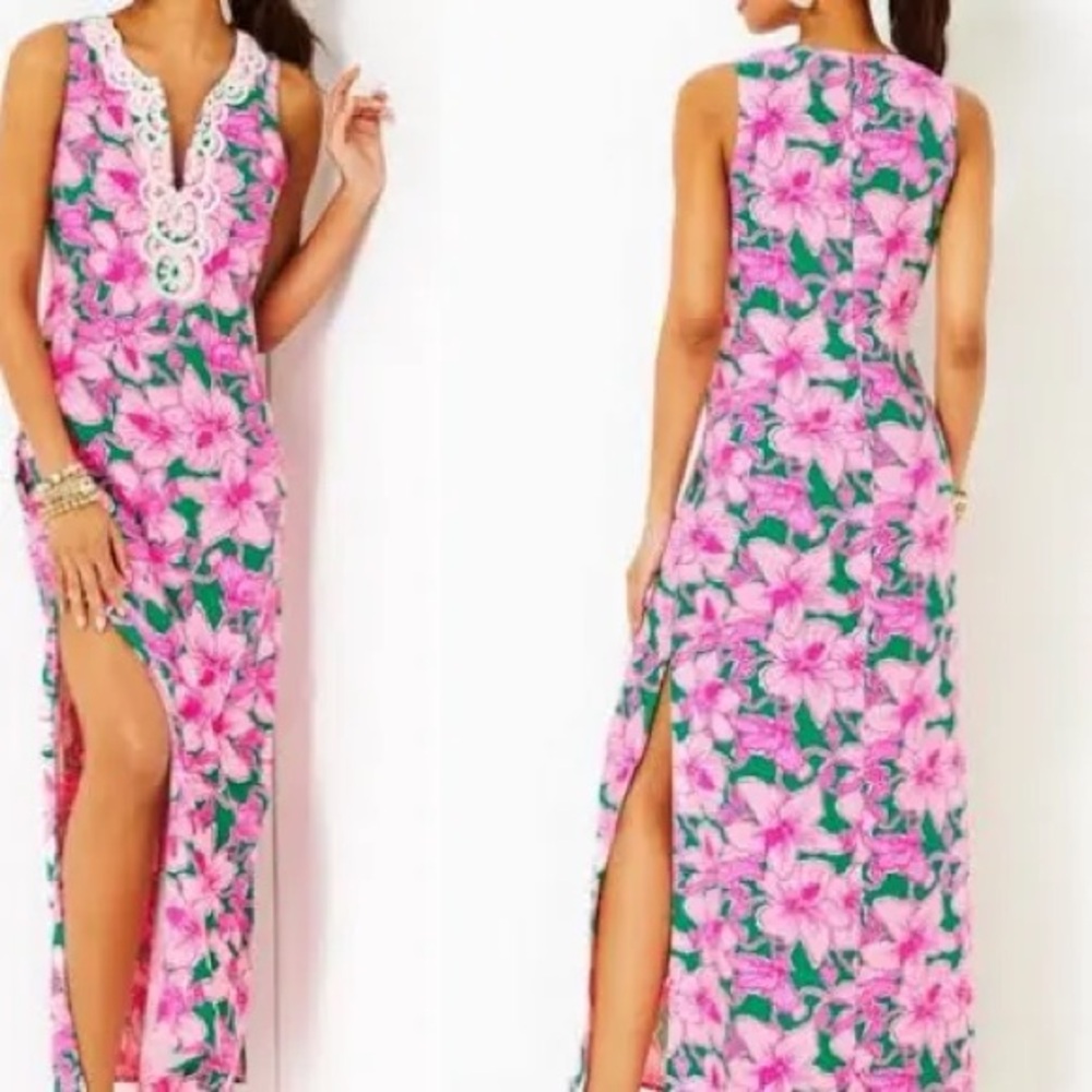Lilly Pulitzer Elliotta Maxi Shift Dress in the Kelly Green Hibis Kiss pattern